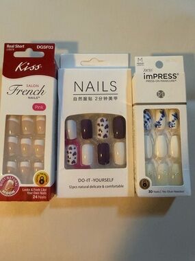 NIP 3 Sets of False Nails,Med Length,Squared,Multi Color,DIY,Adhesive,Manicure